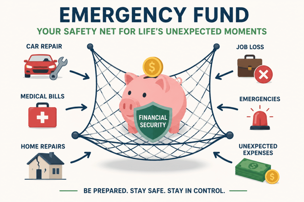 Illustration of a piggy bank protected by a safety net with icons representing job loss, medical bills, car repairs, home repairs, and unexpected expenses.