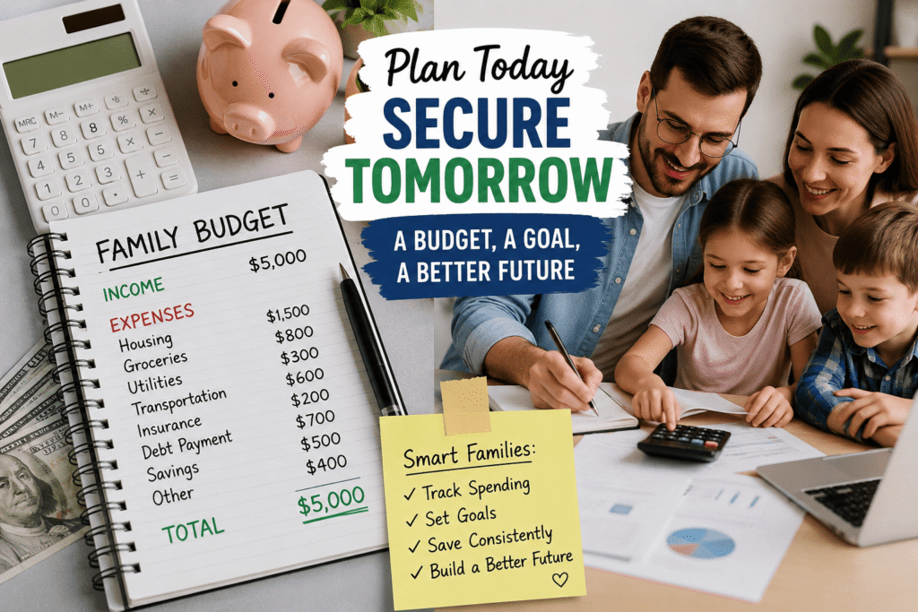 Photo collage of a family creating a budget together with a calculator, savings jar, budget worksheet, expense tracking notes, and financial planning documents on a table.