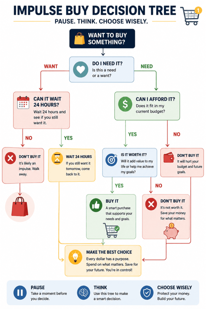 Flowchart infographic showing an impulse buy decision tree with steps to decide whether to buy an item, wait 24 hours, check if it fits the budget, evaluate its value, or skip the purchase to avoid overspending.