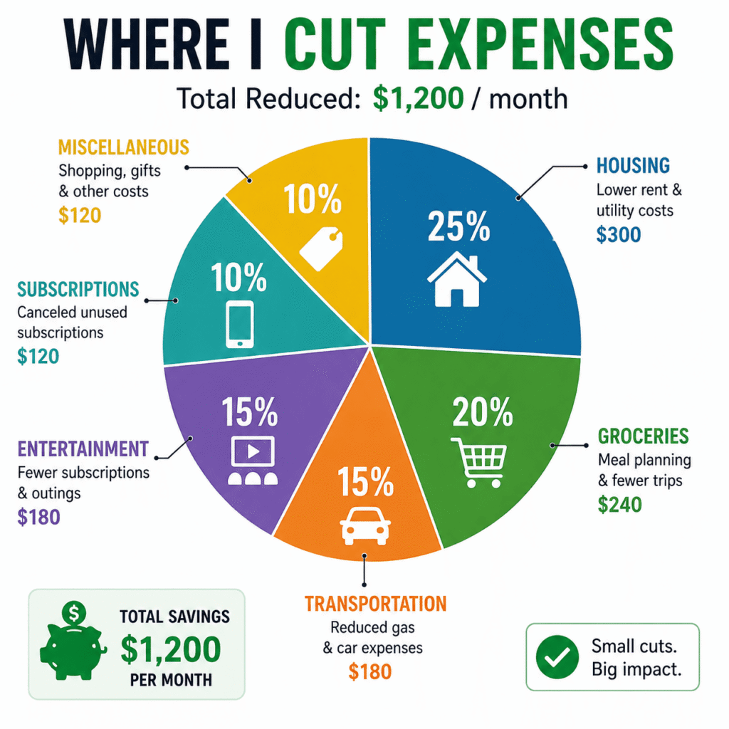 Pie chart showing how household expenses can be reduced across housing, groceries, transportation, entertainment, subscriptions, and miscellaneous spending to increase monthly savings.