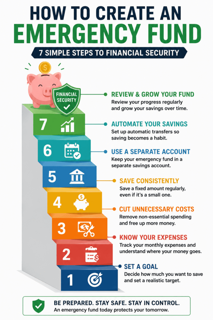 Step ladder graphic illustrating the seven steps to create an emergency fund, from setting a savings goal and tracking expenses to automating savings and growing emergency savings.