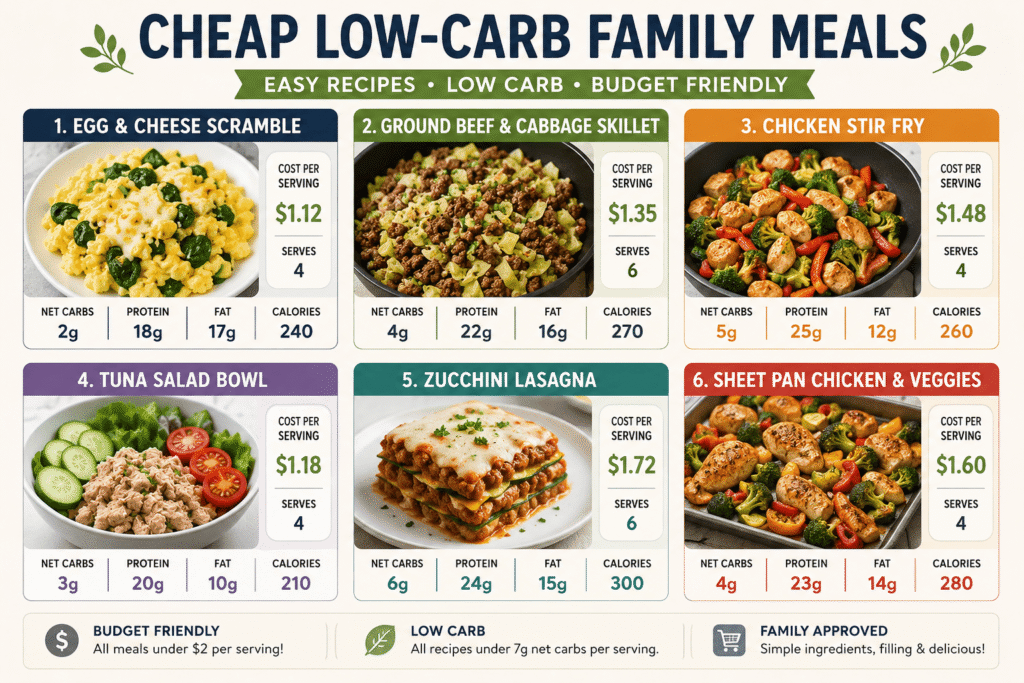 Printable recipe cards showing cheap low-carb family meals with ingredient costs, carb counts, and easy dinner ideas for budget meal planning