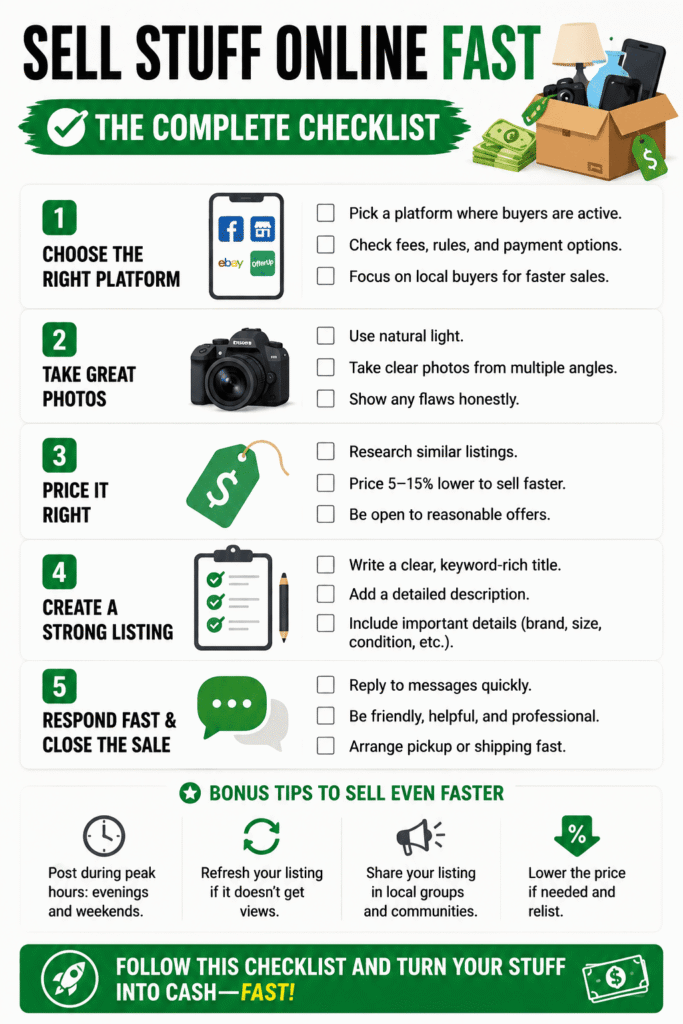 Printable online selling checklist showing seven simple steps to sell stuff online fast, including choosing a platform, setting the right price, taking photos, writing a listing, using keywords, posting at the best time, and responding quickly to buyers.