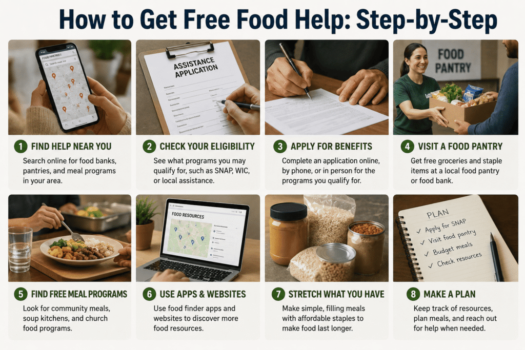 Step-by-step photo grid infographic showing how to get free food assistance, including finding local food banks, checking eligibility for SNAP, applying for benefits, visiting a food pantry, locating meal programs, using food finder apps, stretching groceries, and creating a food assistance plan.