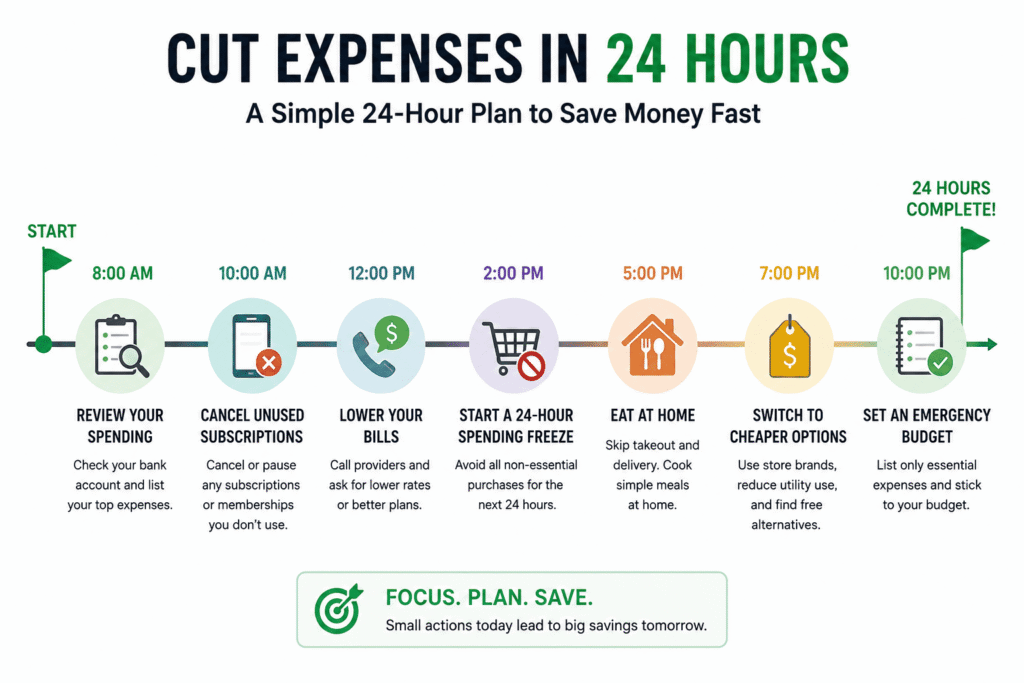 Simple timeline infographic showing a 24-hour expense-cutting plan with steps to review spending, cancel subscriptions, lower bills, start a spending freeze, eat at home, switch to cheaper options, and create an emergency budget.