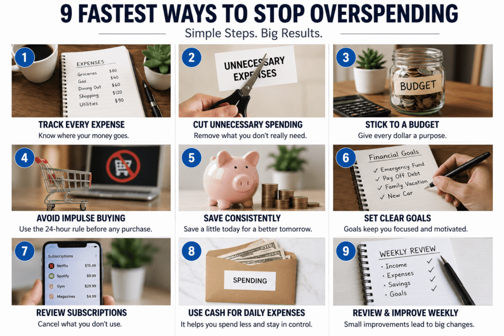 Step-by-step photo grid showing nine fast ways to stop overspending, including tracking expenses, cutting unnecessary spending, budgeting, avoiding impulse buying, saving consistently, setting financial goals, reviewing subscriptions, using cash, and weekly budget reviews.