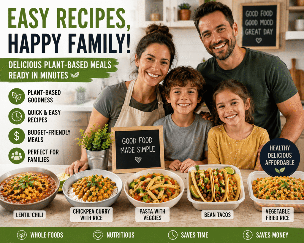 Happy family sitting at a kitchen table with easy cheap plant-based meals including lentil chili, chickpea curry, pasta, bean tacos, and vegetable fried rice ready for dinner on a budget.