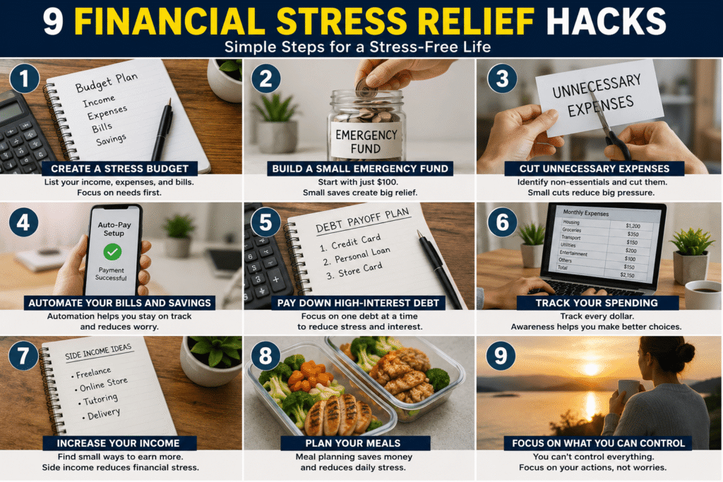 Photo collage featuring 9 financial stress relief hacks including budgeting, emergency savings, cutting expenses, automating bills, paying off debt, tracking spending, increasing income, meal planning, and managing money stress with practical everyday examples.
