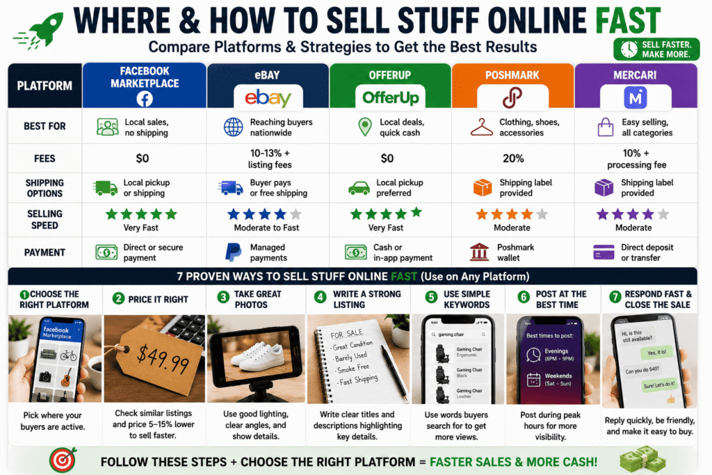 Comparison chart showing the best platforms to sell stuff online fast, including Facebook Marketplace, eBay, OfferUp, Poshmark, and Mercari, with details on fees, selling speed, shipping options, payment methods, and tips for faster sales.
