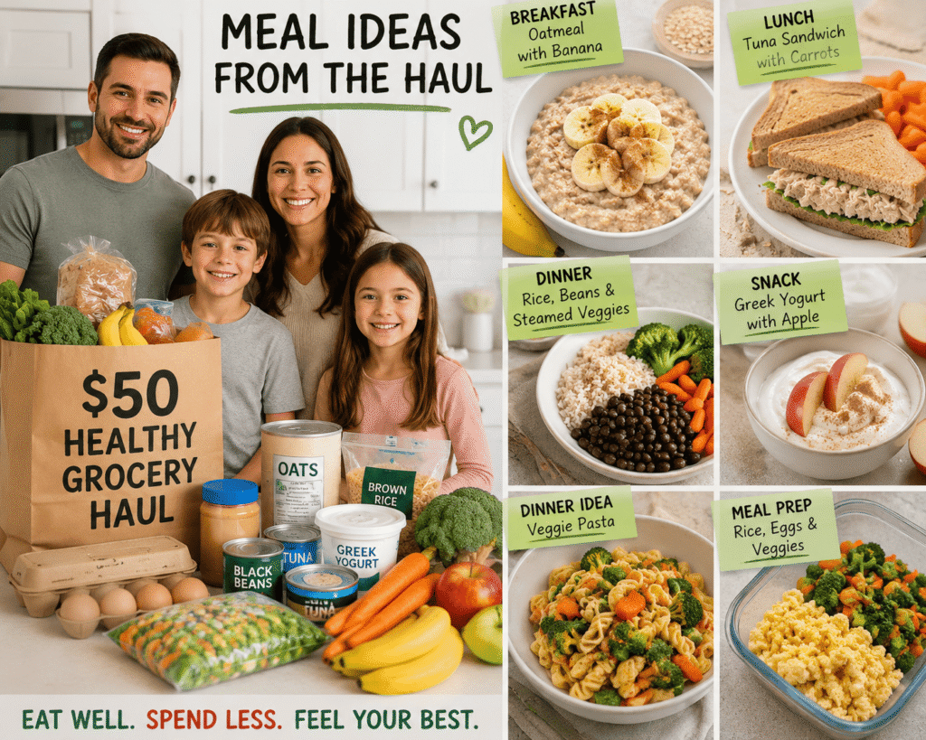 Photo collage of a happy family with a $50 healthy grocery haul featuring affordable meal ideas like oatmeal, tuna sandwiches, rice bowls, veggie pasta, yogurt bowls, and meal prep containers.