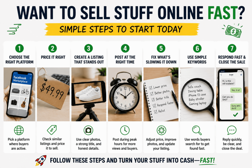 Simple visual guide showing five easy steps to sell stuff online fast, including choosing a platform, taking photos, setting a price, creating a listing, and responding to buyers quickly.