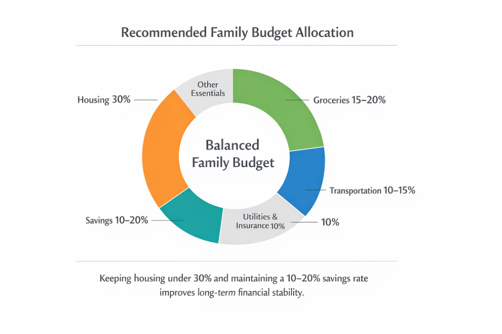 Donut chart illustrating recommended family budget breakdown with housing 30%, groceries 15–20%, transportation 10–15%, utilities 10%, and savings 10–20% for a frugal family lifestyle.