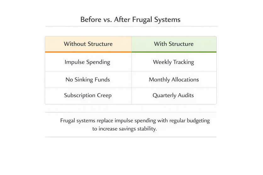 Before and after frugal budgeting systems comparison table showing impulse spending replaced by weekly tracking, sinking funds replaced by monthly allocations, and subscription creep replaced by quarterly audits.