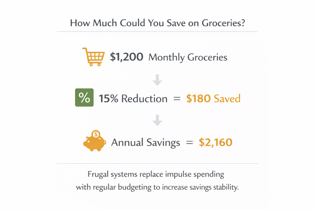 Grocery savings calculator infographic showing how a 15% reduction on $1,200 monthly groceries saves $180 per month and $2,160 per year for families.