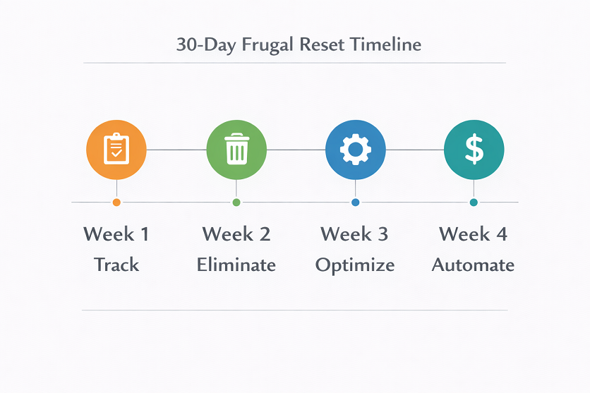 30-day frugal reset timeline infographic showing four-week plan: Track, Eliminate, Optimize, and Automate to reduce expenses and improve family budgeting.