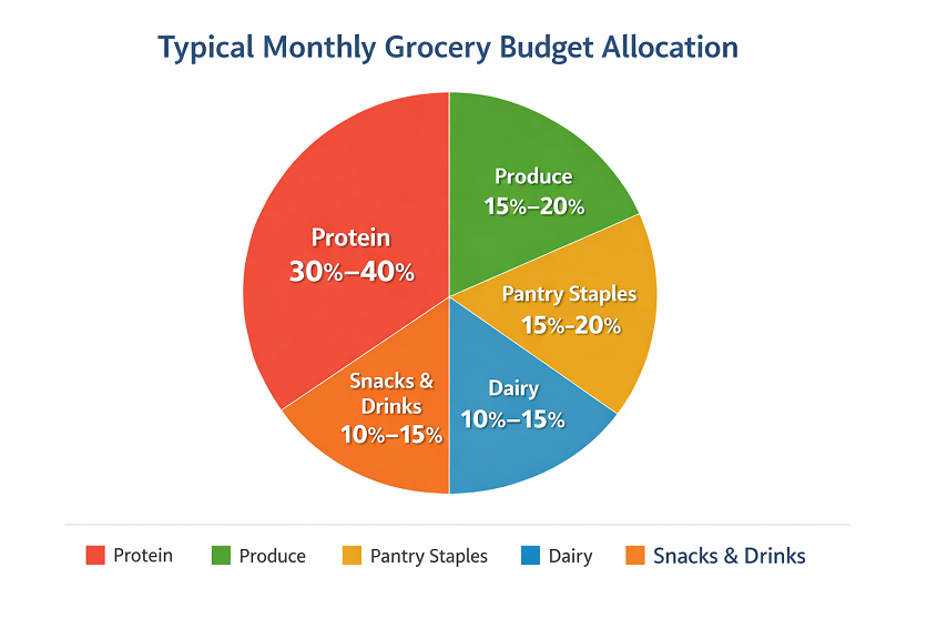 Pie chart titled “Typical Monthly Grocery Budget Allocation” showing protein at 30–40% as the largest category, followed by produce and pantry staples at 15–20% each, dairy at 10–15%, and snacks and drinks at 10–15%, illustrating how protein dominates a family grocery budget.