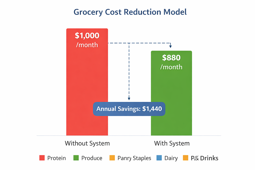 Side-by-side bar chart titled “Grocery Cost Reduction Model” comparing $1,000 per month without a system to $880 per month with a system, highlighting $1,440 in annual savings to show the financial impact of structured grocery planning.