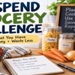 No-spend challenge grocery rules with pantry staples, fresh produce, meal planning notebook, and money-saving grocery ideas.