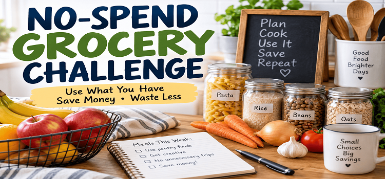 No-spend challenge grocery rules with pantry staples, fresh produce, meal planning notebook, and money-saving grocery ideas.