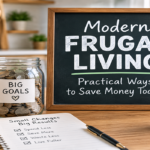 Modern frugal living featured image with budget planner, savings jar, groceries, and practical ways to save money today.