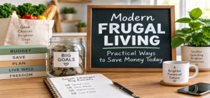Modern frugal living featured image with budget planner, savings jar, groceries, and practical ways to save money today.