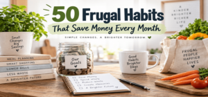 50 frugal habits that save money every month with meal planning, smart shopping, lower bills, and family savings ideas