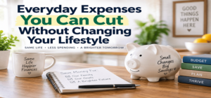 Everyday expenses you can cut without changing your lifestyle with piggy bank, budget checklist, and simple family savings ideas.