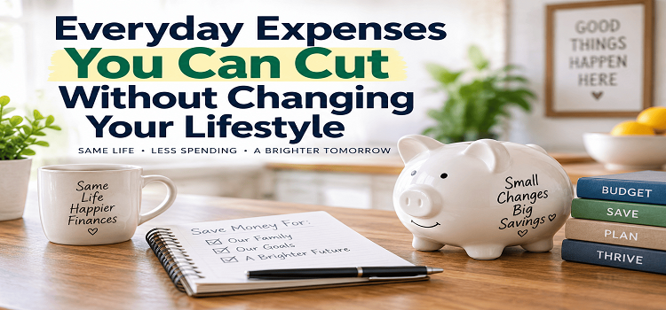 Everyday expenses you can cut without changing your lifestyle with piggy bank, budget checklist, and simple family savings ideas.