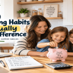 Modern frugal living habits for families with parents and kids saving money together using a piggy bank, budget planner, and calculator.