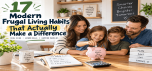 Modern frugal living habits for families with parents and kids saving money together using a piggy bank, budget planner, and calculator.