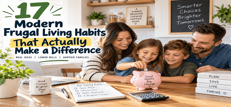 Modern frugal living habits for families with parents and kids saving money together using a piggy bank, budget planner, and calculator.