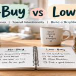 No-Buy vs Low-Buy comparison showing family money-saving rules, spending limits, savings, and intentional spending.