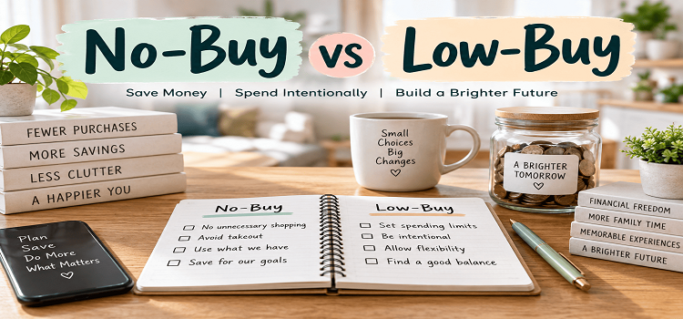 No-Buy vs Low-Buy comparison showing family money-saving rules, spending limits, savings, and intentional spending.