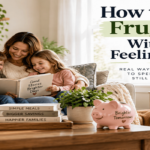 Family enjoying a comfortable frugal lifestyle at home with savings tips, showing how to live frugally without feeling poor.