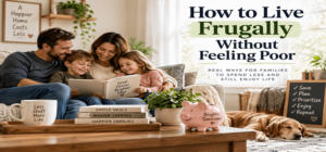 Family enjoying a comfortable frugal lifestyle at home with savings tips, showing how to live frugally without feeling poor.