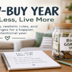 Low-buy year rules and ideas with savings jar, checklist, and simple spending plan for families