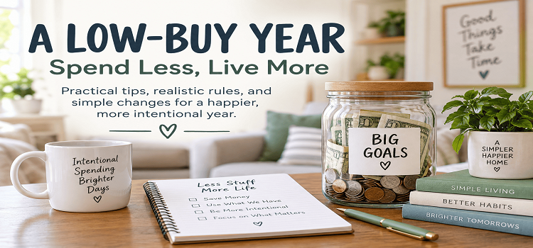 Low-buy year rules and ideas with savings jar, checklist, and simple spending plan for families