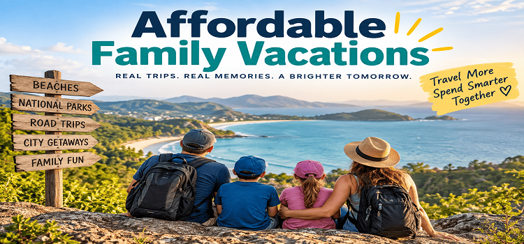 Affordable family vacations with kids overlooking a beach and budget-friendly family travel destinations