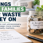 Things frugal families never waste money on with a savings jar, calculator, and family money goals.