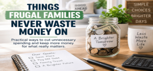 Things frugal families never waste money on with a savings jar, calculator, and family money goals.