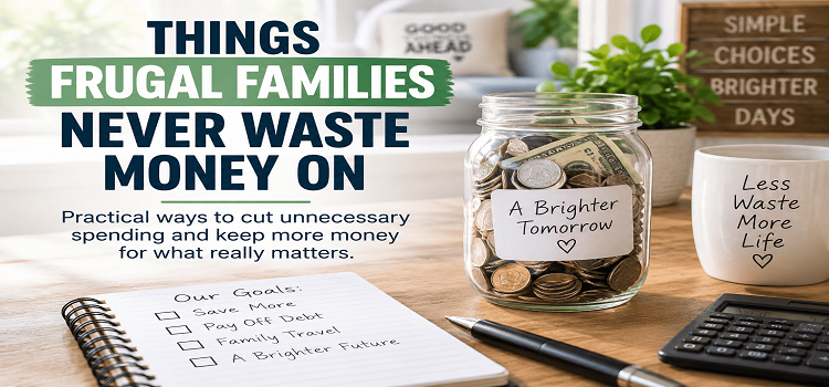 Things frugal families never waste money on with a savings jar, calculator, and family money goals.