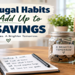 Daily frugal habits that add up to big savings with savings jar, checklist, and family budget categories