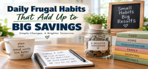 Daily frugal habits that add up to big savings with savings jar, checklist, and family budget categories