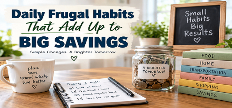 Daily frugal habits that add up to big savings with savings jar, checklist, and family budget categories