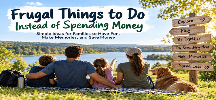 Frugal things to do instead of spending money with a family enjoying a free outdoor picnic by the lake