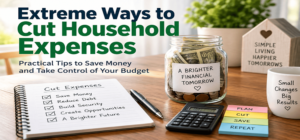 Extreme ways to cut household expenses with budget planner, savings jar, calculator, and money-saving checklist