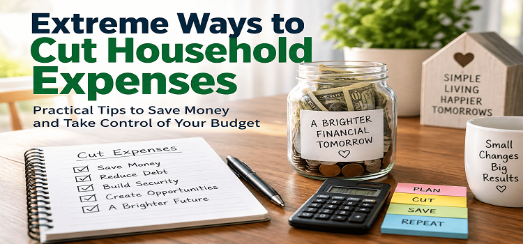 Extreme ways to cut household expenses with budget planner, savings jar, calculator, and money-saving checklist