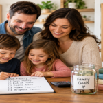 Frugal living ideas for families on a tight budget with parents and kids planning meals, savings, and household expenses together.