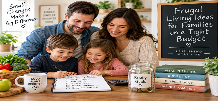 Frugal living ideas for families on a tight budget with parents and kids planning meals, savings, and household expenses together.