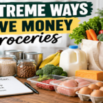 Extreme ways to save money on groceries with fresh produce, pantry staples, meal planning, and budget-friendly family food.